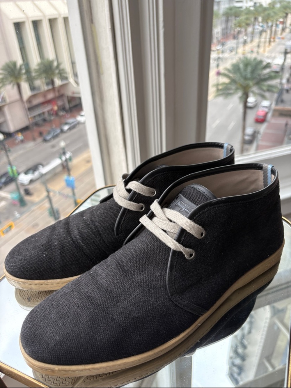 Salvatore Ferragamo Black Canvas Chukka Boots with Tan Sole